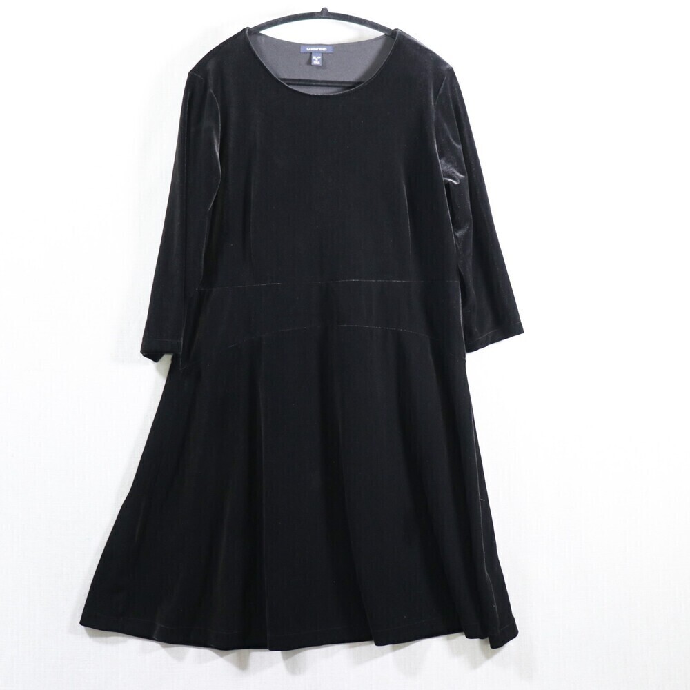 Lands End Black Velvet Skater Dress Womens XL Petite 3/4 Sleeve Fit Flare